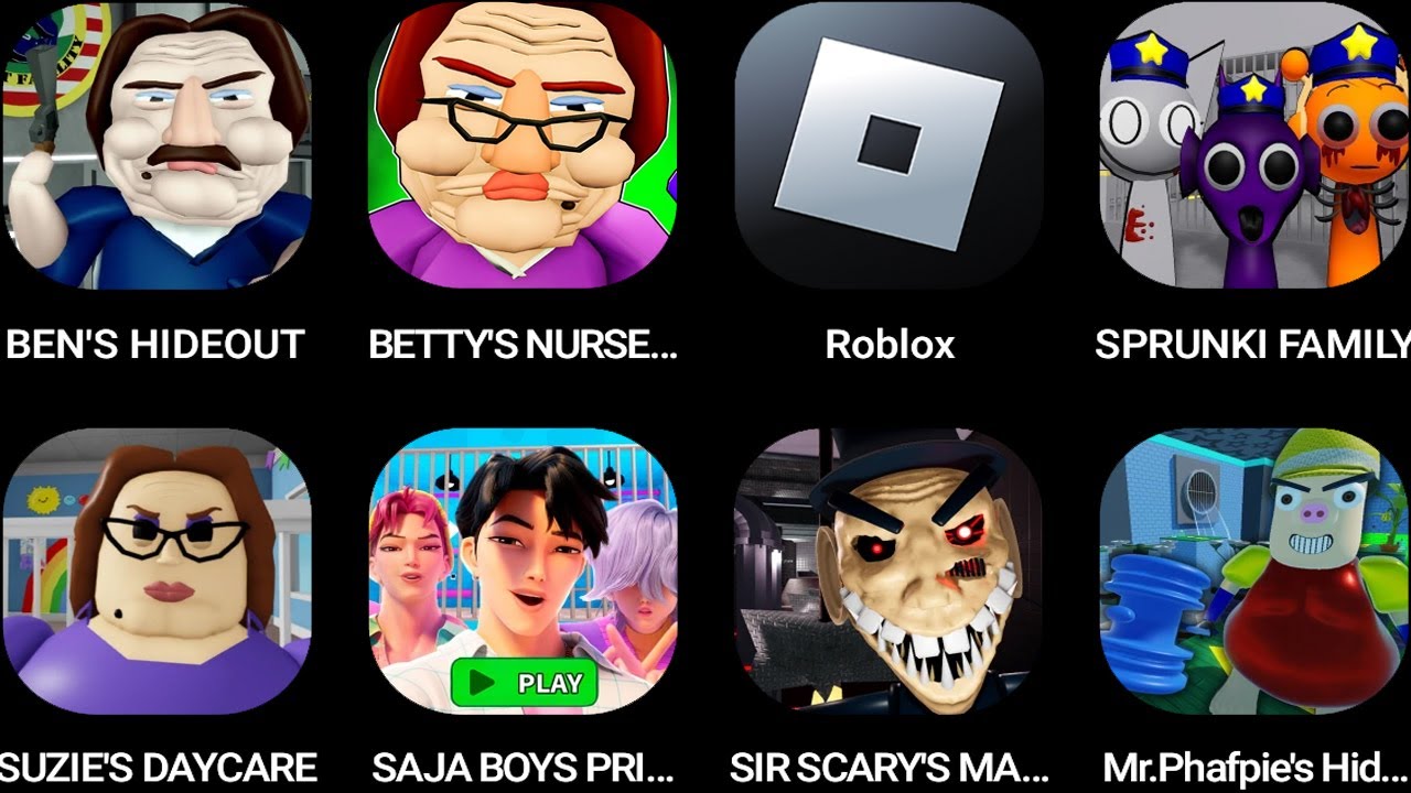 BEN'S HIDEOUT,Betty's Nursery!,Roblox,SPRUNKI FAMILY,SUZIE'S DAYCARE,SAJA BOYS PRISON,SIR SCARY'S...