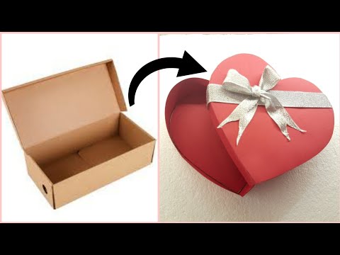 عمل صندوق هدايا على شكل قلب من الكرتون🎁بوكس هدايا♻️علب هدايا 🎁DIY gift/how to make gift box/box