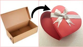 عمل صندوق هدايا على شكل قلب من الكرتون🎁بوكس هدايا♻️علب هدايا 🎁DIY gift/how to make gift box/box