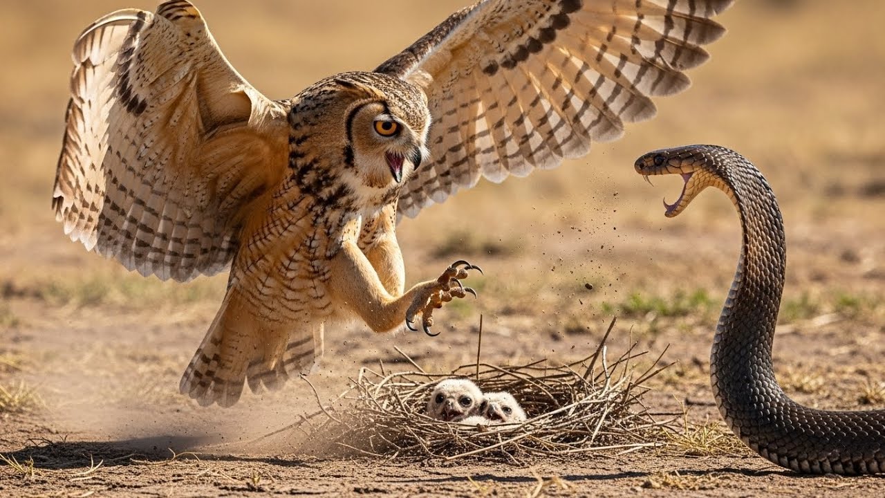 «Материнский гнев: сова сражается с королевской коброй, чтобы спасти своих детенышей»