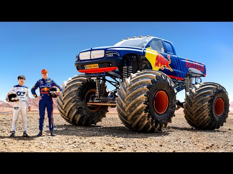F1 Drivers Race HUGE Mega Trucks (Max vs Yuki) ??