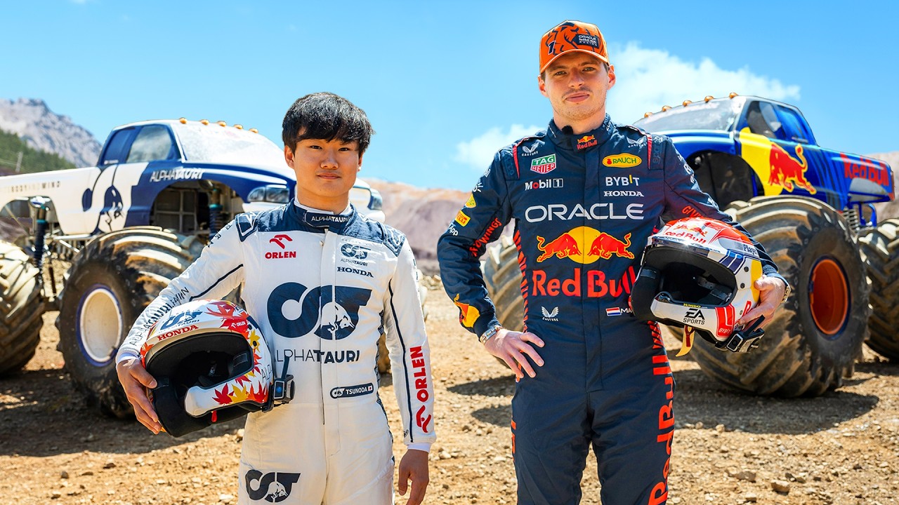 ⁣F1 Drivers Race HUGE Mega Trucks! (Max Verstappen vs Yuki Tsunoda)