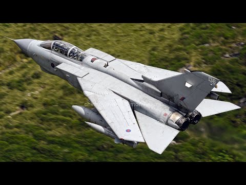 Swept Tornado GR4 and Hawk fast jet trainers at low level in the Mach loop