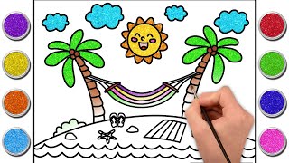 How to Draw Simple Landscape Beach Scenery | Drawing, Painting and Coloring for Kids, Toddlers