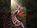A magical red and white fantasy bird gracefully moving and posing in a mystical forest, cinematic