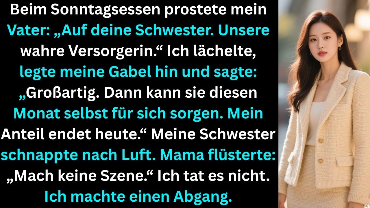 Beim Sonntagsessen sagte mein Vater: „Auf deine Schwester, unsere wahre Versorgerin Ich lächelte nur