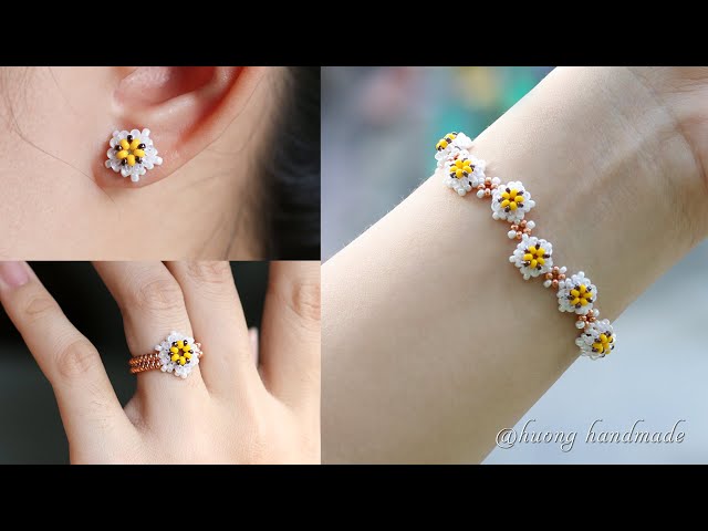 Daisy flower jewelry set. Bracelet, earring & ring. How to make beaded jewelry