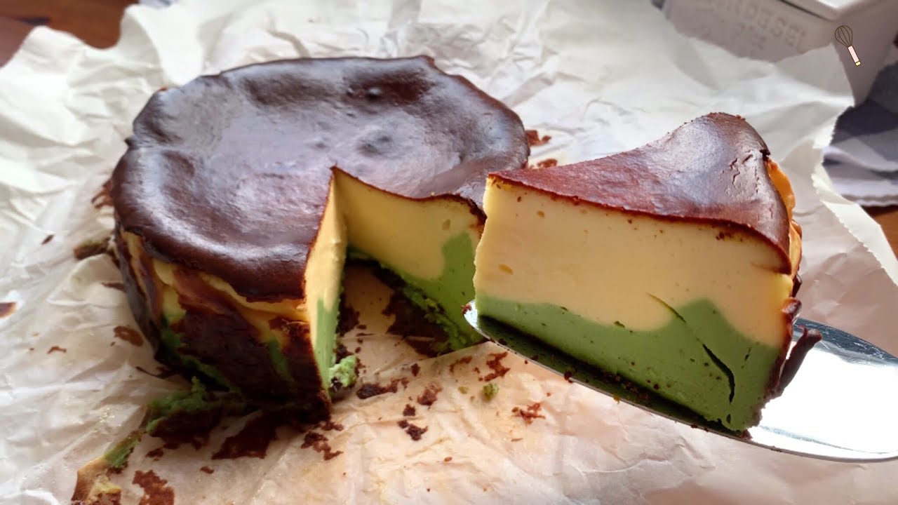 Two layer Matcha Burnt Cheesecake Recipe (No flour recipe) Baking ASMR