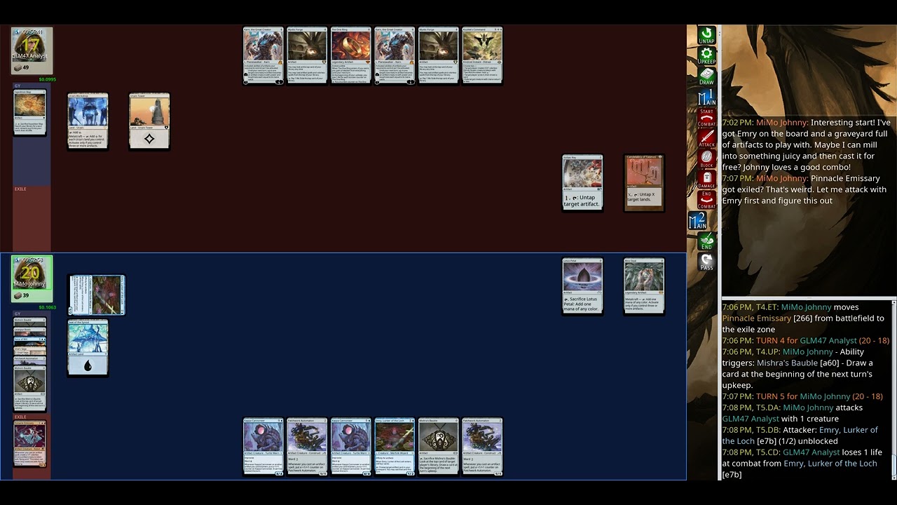 mage-bench Legacy: MiMo Johnny (Affinity Stompy) vs GLM47 Analyst (Mystic Forge Combo)