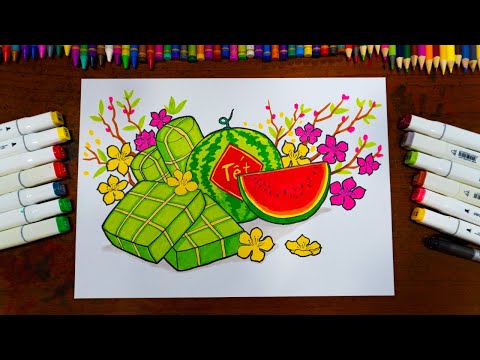Video Vẽ tranh ngày Tết | Vẽ tranh bánh chưng, dưa hấu, hoa... - youtube
