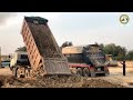 Super Machinery Bulldozer Equipment Operating With Overload Dumper Truck Spreading Dirt With Roller