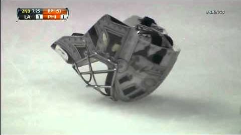 Jonathan Quick loses mask on save 10/15/11