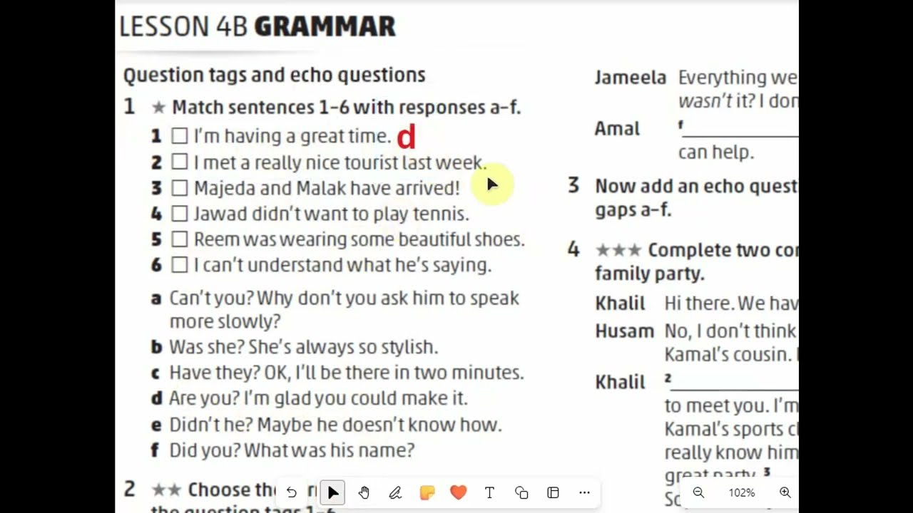 الأول ثانوي - الحصة 11 من المنهاج - حل تمارين W.B صفحة.7 الوحدة الأولى | Tag + Echo Questions |