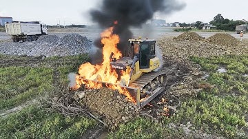 Clumsy Moment!! Don’t Be Clumsy at Work — Bulldozer & Dump Truck Stone Unloading for Huge Landfill