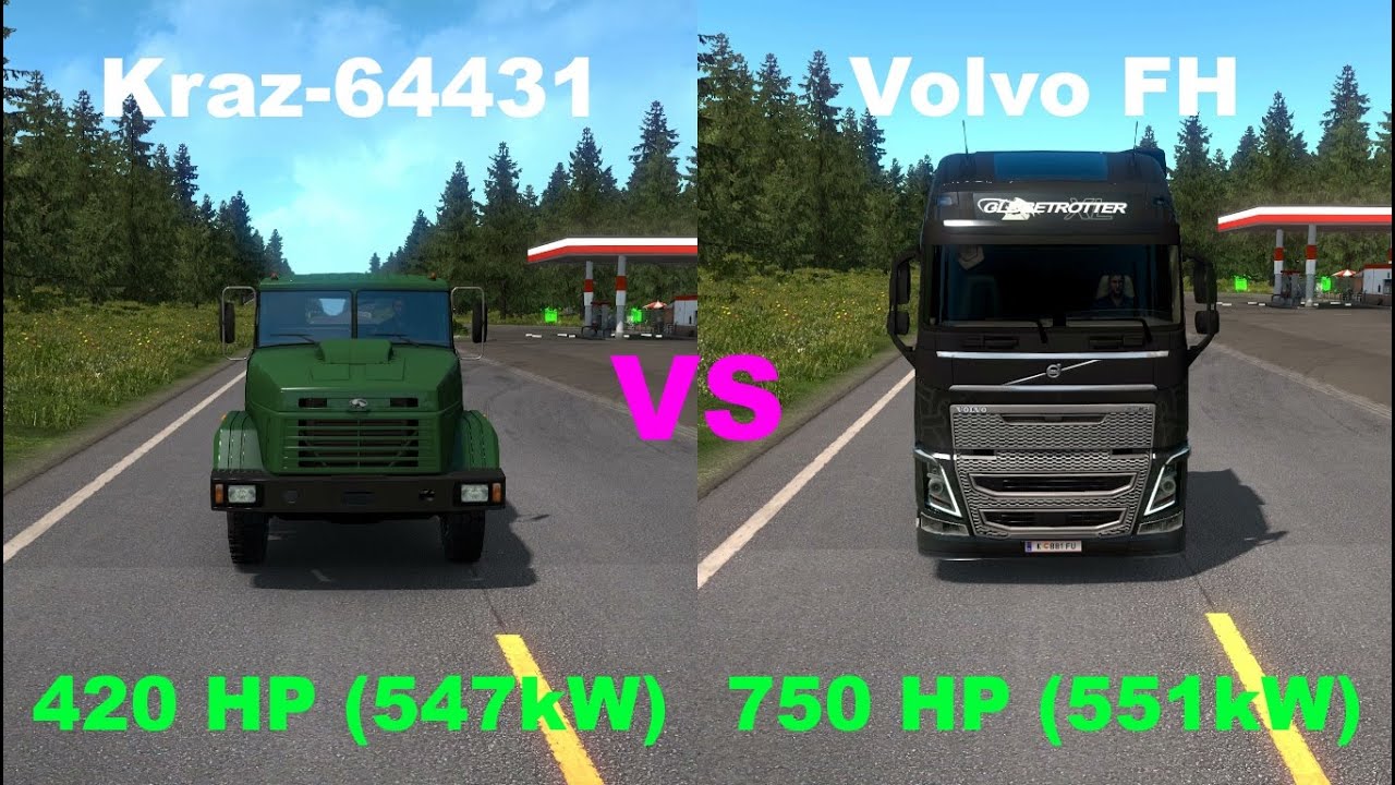 Drag Race - (420HP vs 750HP) Kraz 64431 vs Volvo FH Globetrotter XL ...