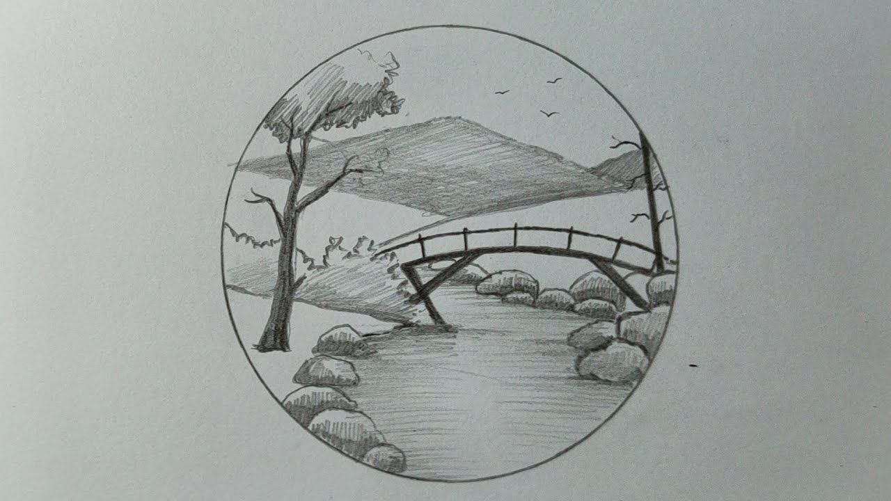 Drawing a beautiful scenery with bridge and a river for beginners ...