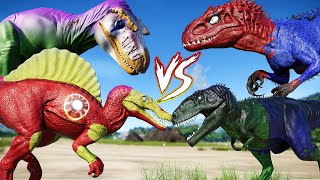 RED SPIDERMAN vs HULK vs JOKER SUPERHERO DINOSAURS BATTLE - Jurassic World Evolution