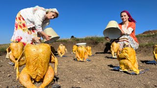Roasting Whole Chickens Under Buckets! Cooking with Nomad Family
