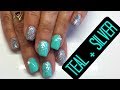 How To Gel Nails Tutorial | Gel Nail Fill Teal and Silver with Stamping and Crystals