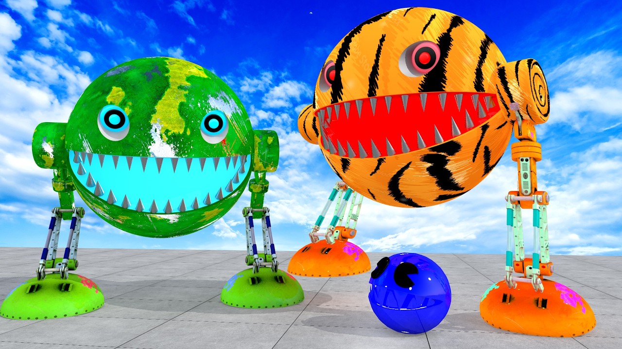 Mr PACMAN& MONSTER YELLOW TIGER MONSTER PACMAN & YELLOW ROBOT PACMAN VS HER FRIENDS IN POKEMON#2026