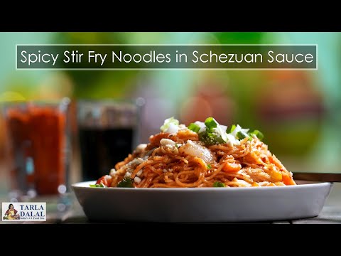 spicy stir fry noodles in schezuan sauce | noodles in schezwan sauce | schezwan stir fry noodles | | Tarla Dalal