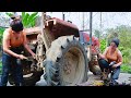Mechanic girl repairs restores agriculture tractor mechanical genius girl blacksmith girl