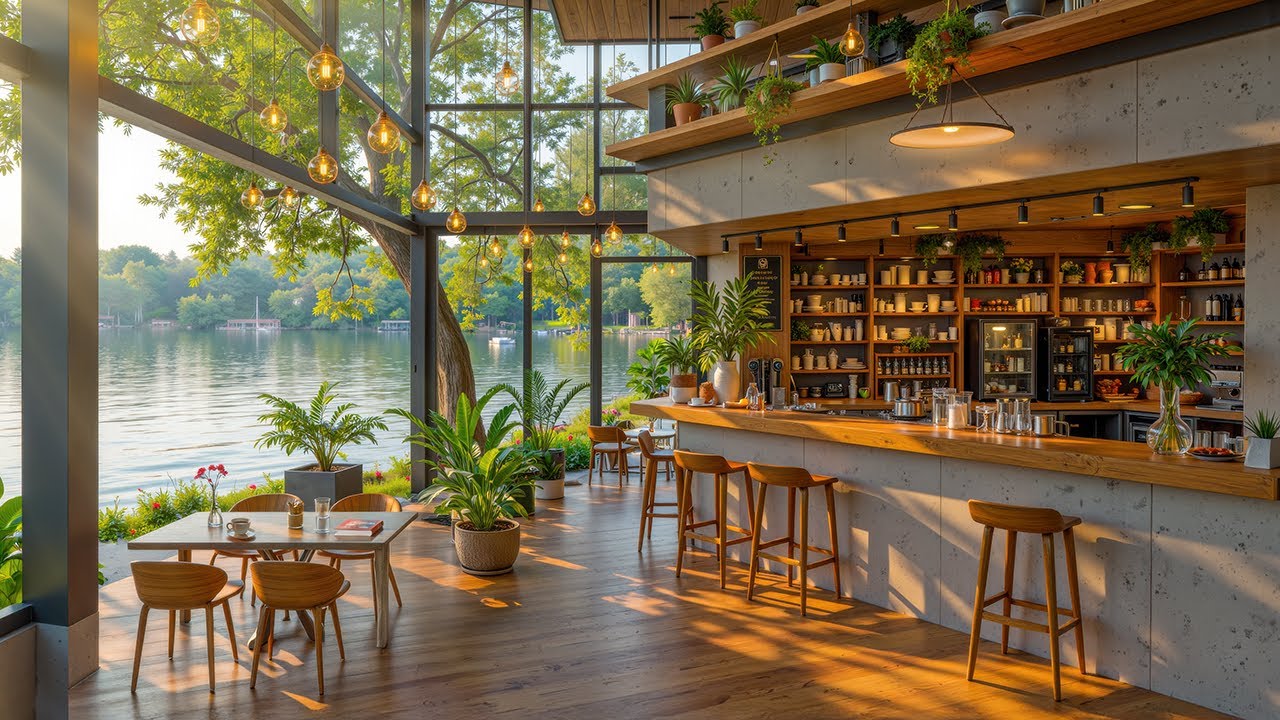 Sunlit Coffee Shop by the Lake 🌿 Relaxing Bossa Nova Jazz Music for Work, Study & Mindfulness
