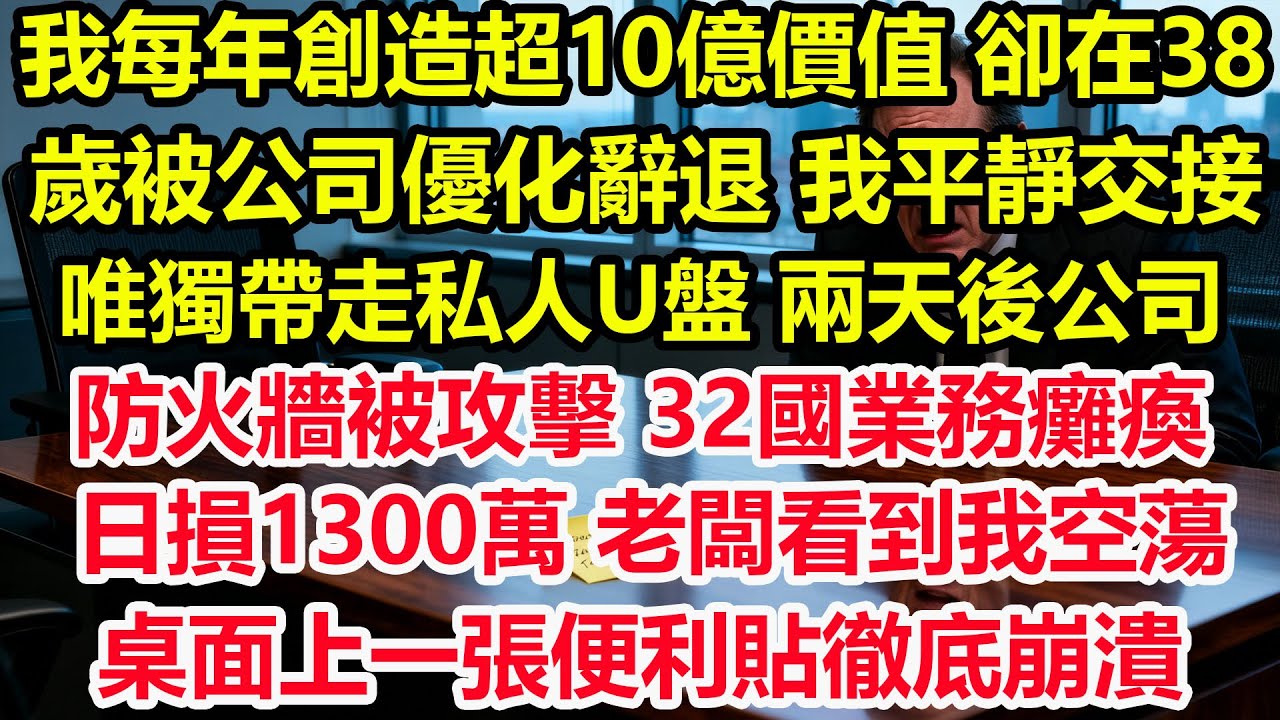 我每年創造超10億價值，卻在38歲被公司優化辭退。我平靜交接，唯獨帶走私人U盤。兩天後公司防火牆被攻擊，32國業務癱瘓，日損1300萬。老闆看到我空蕩桌面上一張便利貼徹底崩潰#情感 #爽文 #職場