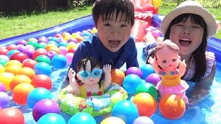 メルちゃん ぽぽちゃん スライダー プール で 水遊び!!! こうくんねみちゃん Baby Doll Mellchan Popochan Pool