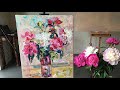 Peonies, stages of oil painting on canvas