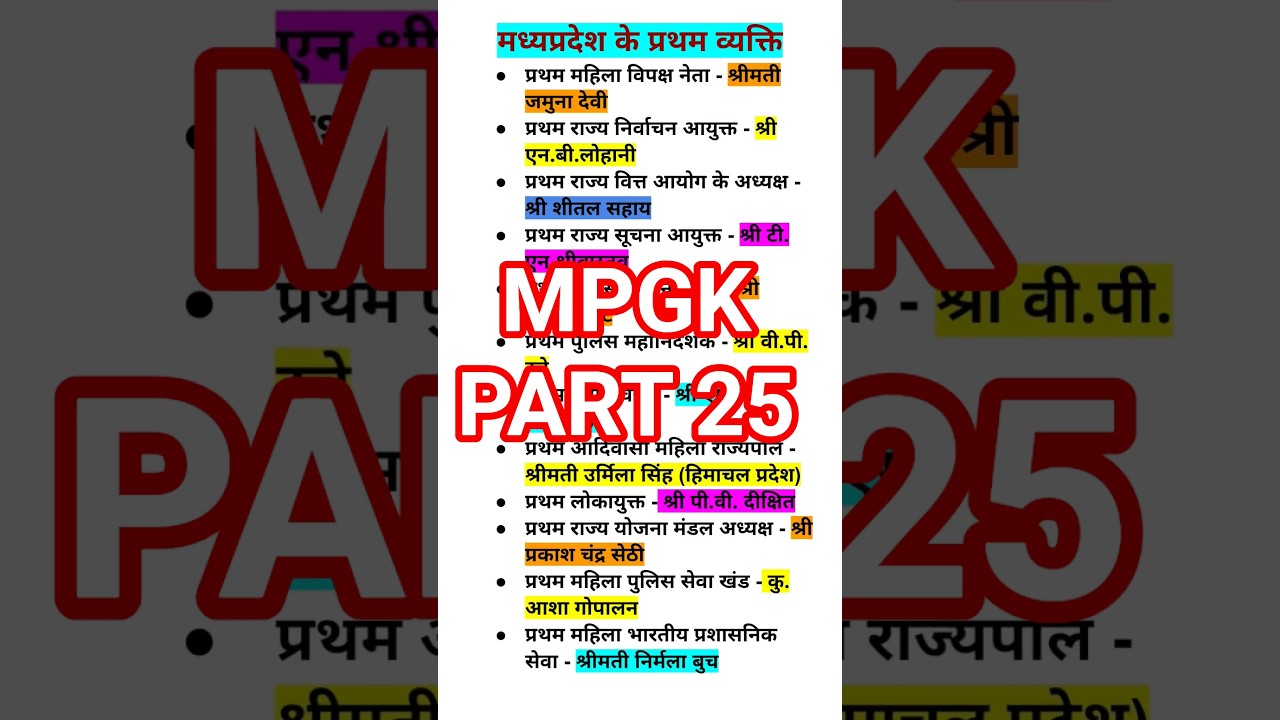 gk । part 25 ।।मध्य प्रदेश के प्रथम व्यक्ति।। म.प्र.सामान्य।।MPGK PART 25।।mpgk imp questions