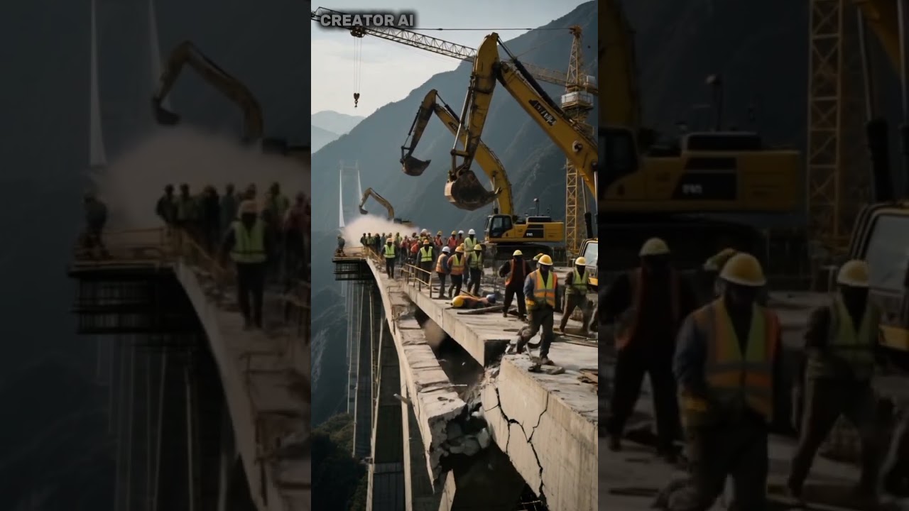 disaster at construction site cracks in concrete bridge structure 