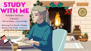 Study with me I 4 Sessions (25 min Study & 5 min Break) I Fire Sounds, Holiday Decor, Night Ambience screenshot 2