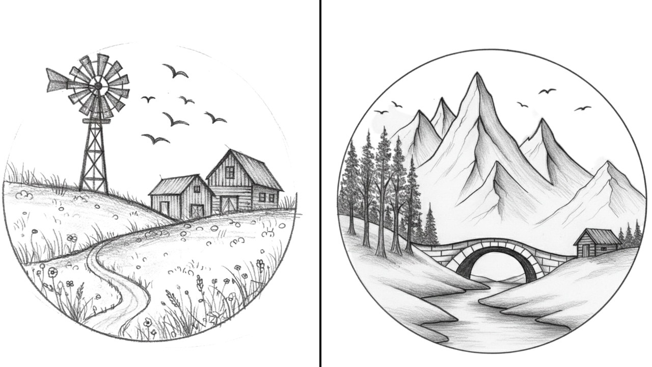 2 Easy Scenery Drawings in a Circle | Beautiful Pencil Scenery Drawing for Beginners
