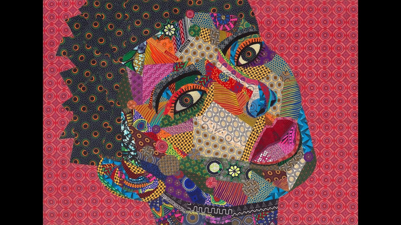 Tsholo Motong, South African artist - "Auto Gymnastics", Shweshwe fabric collage on canvas
