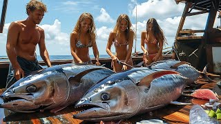 Fishermen caught millions of giant tuna weighing 1500kg with fishing lines, Tuna fishing skills