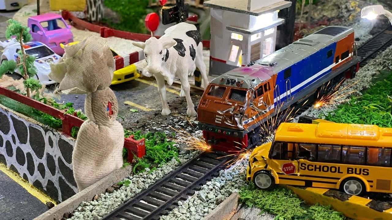 Drama Merakit Kereta Api Mainan CC203 Perumka Anjlok Tabrak Bus Sekolah & Hantu di Rel Palang Pintu