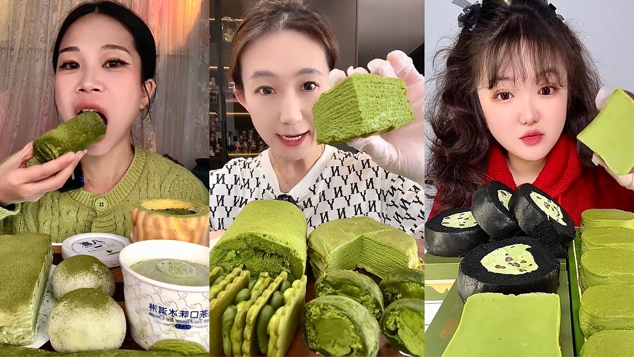 ASMR Mukbang | Eating Matcha Crepe Cake & Matcha Dessert 🍵🍰 | No Talking