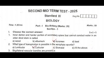 11th Biology second mid term question paper 2025 english medium answer key / Vellore district
