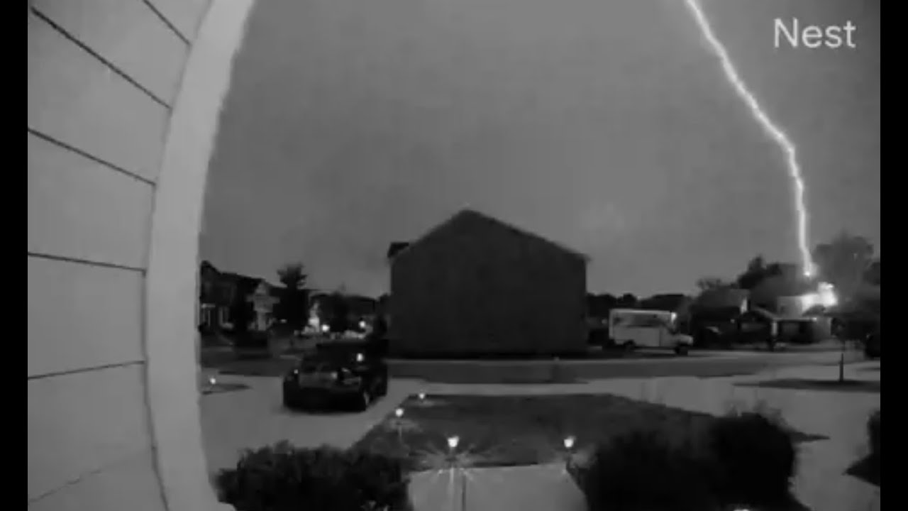 Awesome lighting striking a house! Caught on Nest Hello Doorbell Camera