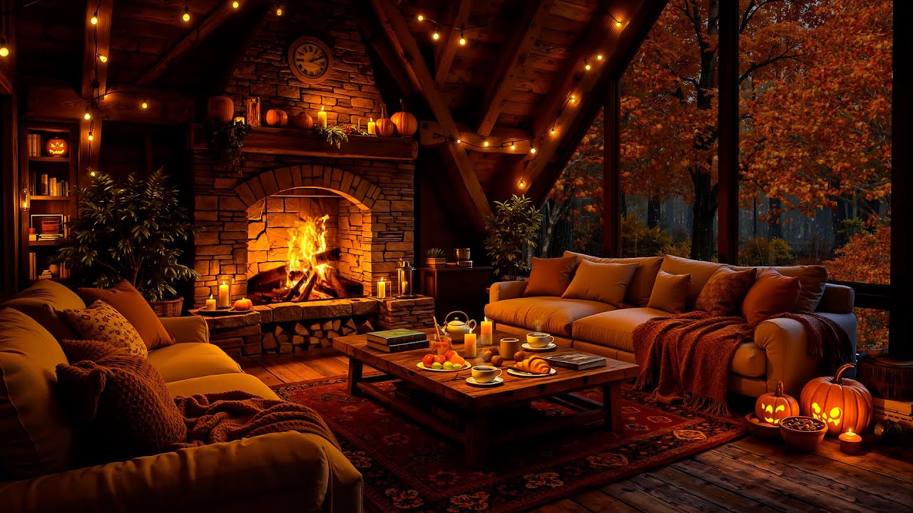 Cozy Autumn Cabin Ambience with Warm Fireplace 🍂 Smooth Jazz & Rain ...