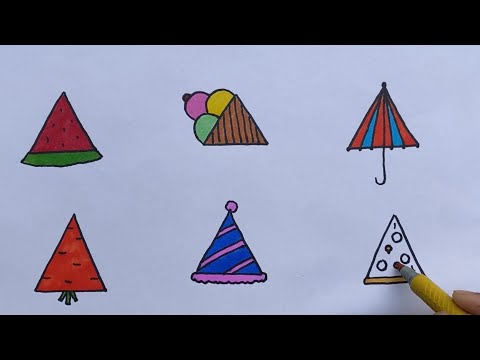 Easy Triangle Shape drawings. Draw with triangle shape. Shapes drawing and  coloring for kids. 