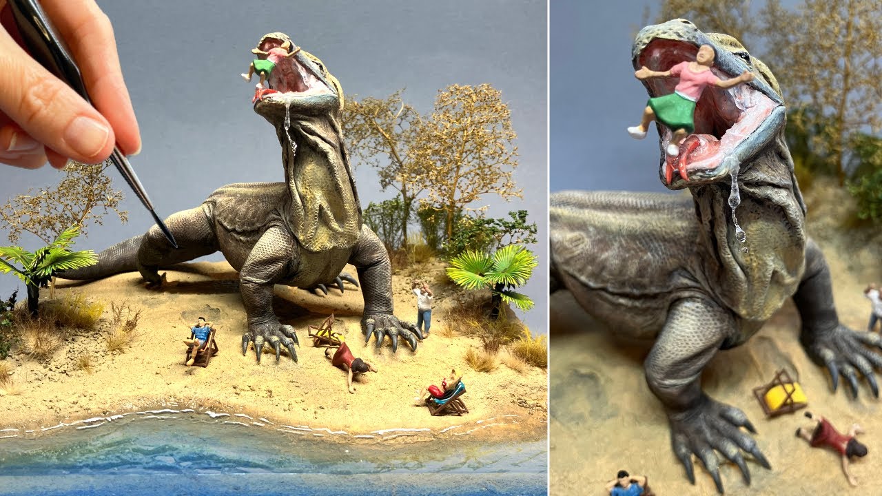 GIANT Komodo Dragon Beach Attack! Diorama, Polymer Clay, resin