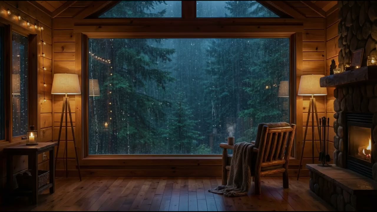 Rain on a Cozy Forest Cabin Roof 🌧️ Fireplace & Rolling Thunder Sounds for Deep Sleep