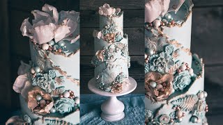 Detailed Blue Cake with Bas-Relief Embellishments & Wafer Paper Flowers