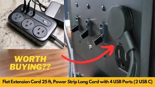 Flat Extension Cord 25 ft, Power Strip Long Cord with 4 USB Ports 2 USB C