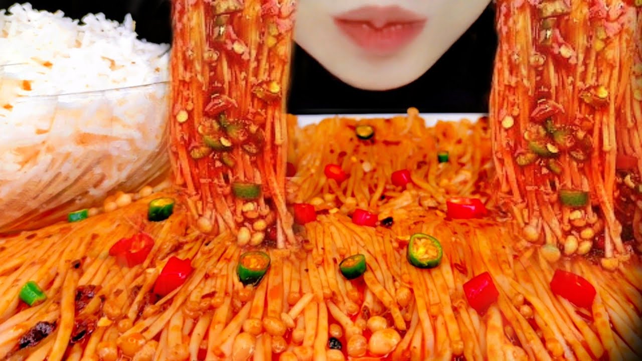 Spicy 🔥Enoki Mushrooms🔥 with Rice Mukbang ASMR - YouTube