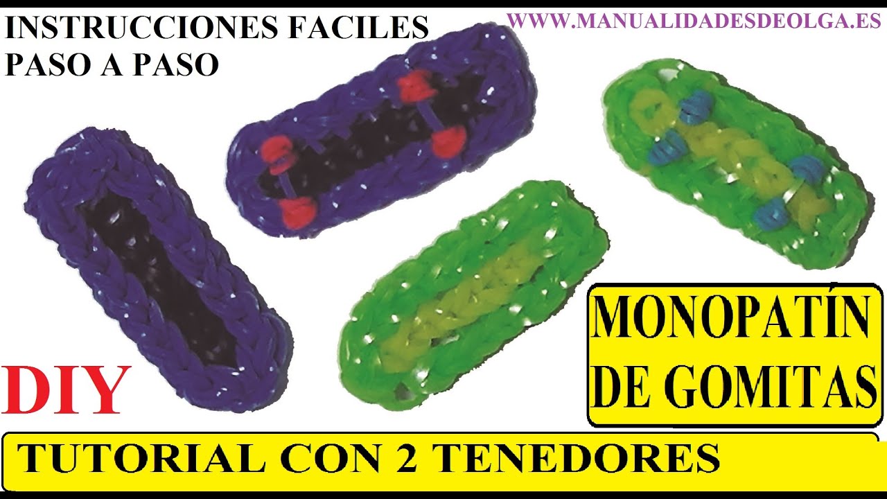 COMO HACER UN MONOPATÍN O PATINETA DE GOMITAS CON DOS TENEDORES TUTORIAL DIY SIN TELAR RAINBOW LOOM