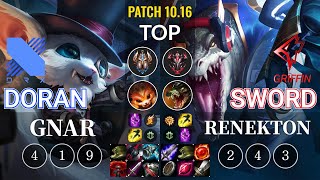 DRX Doran Gnar vs GRF Sword Renekton Top - KR Patch 10.16