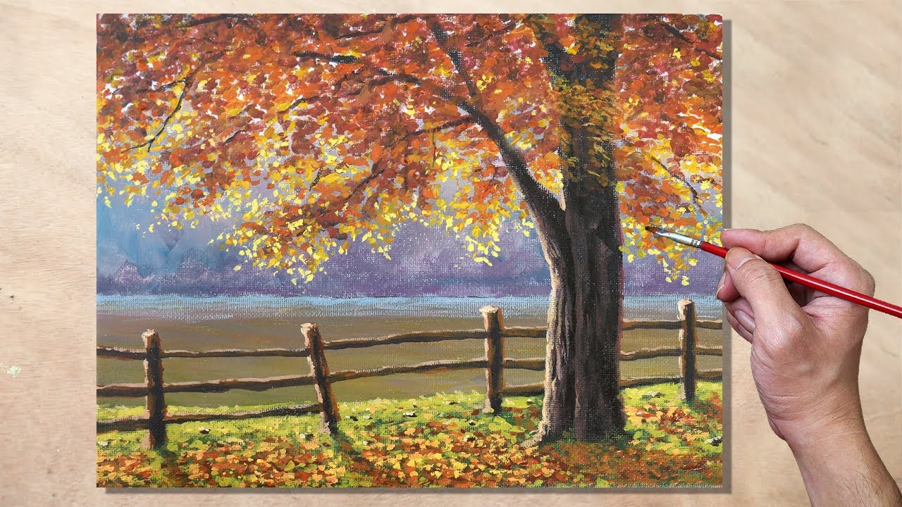 Basic Acrylic Painting Tutorial for Beginners  How to Paint an Autumn Tree  Using Fan Brush 